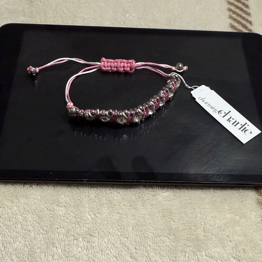 NWT Charming Charlie Pink Cord Bracelet with Silver Beads